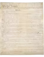 Cursive handwriting. Top of the page, in large print reads, "We the People."
